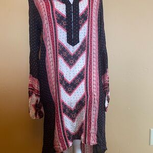 Free People Black and Pink Printed Long-Sleeve Tunic Dress